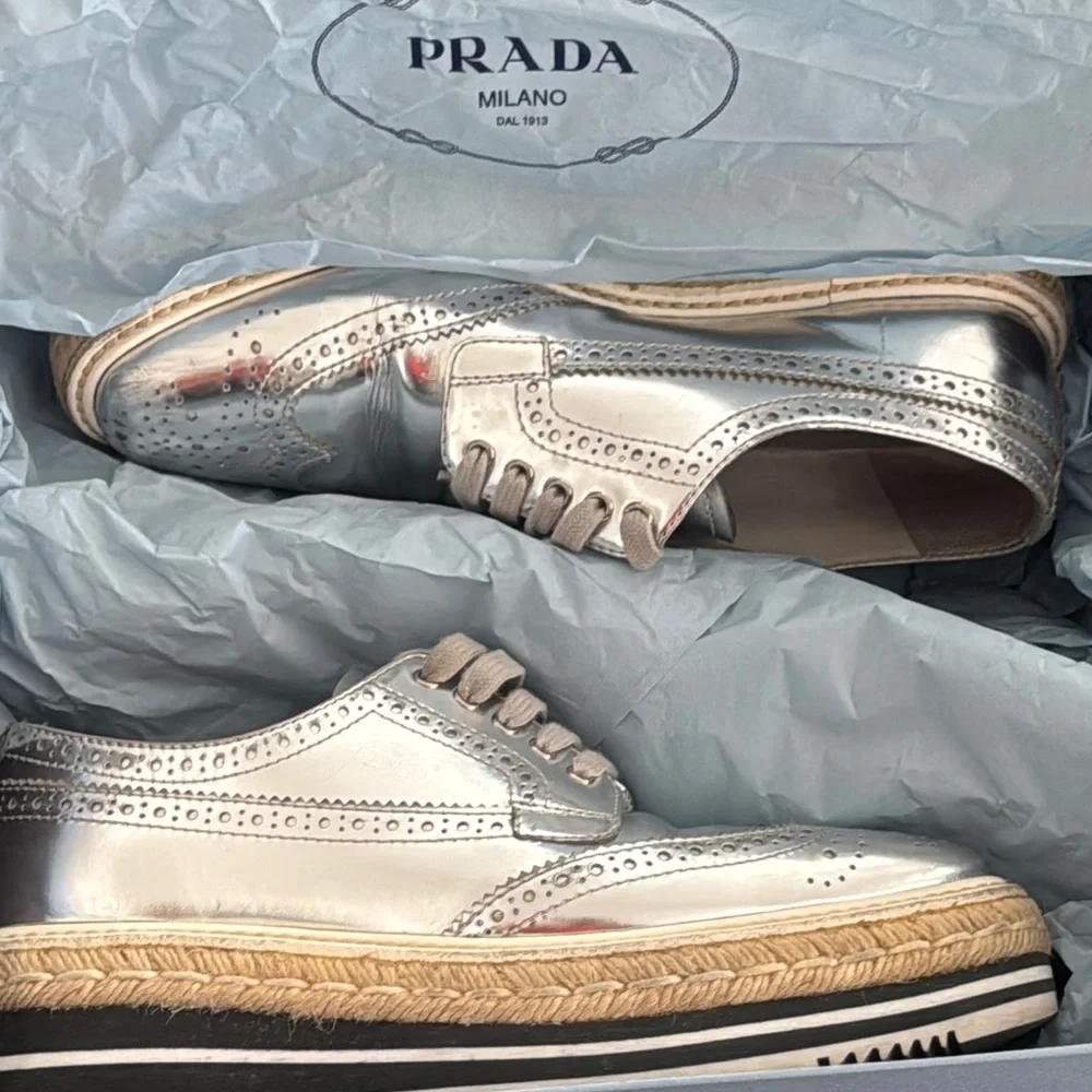 Prada Metallic Silver Espadrille Shoes